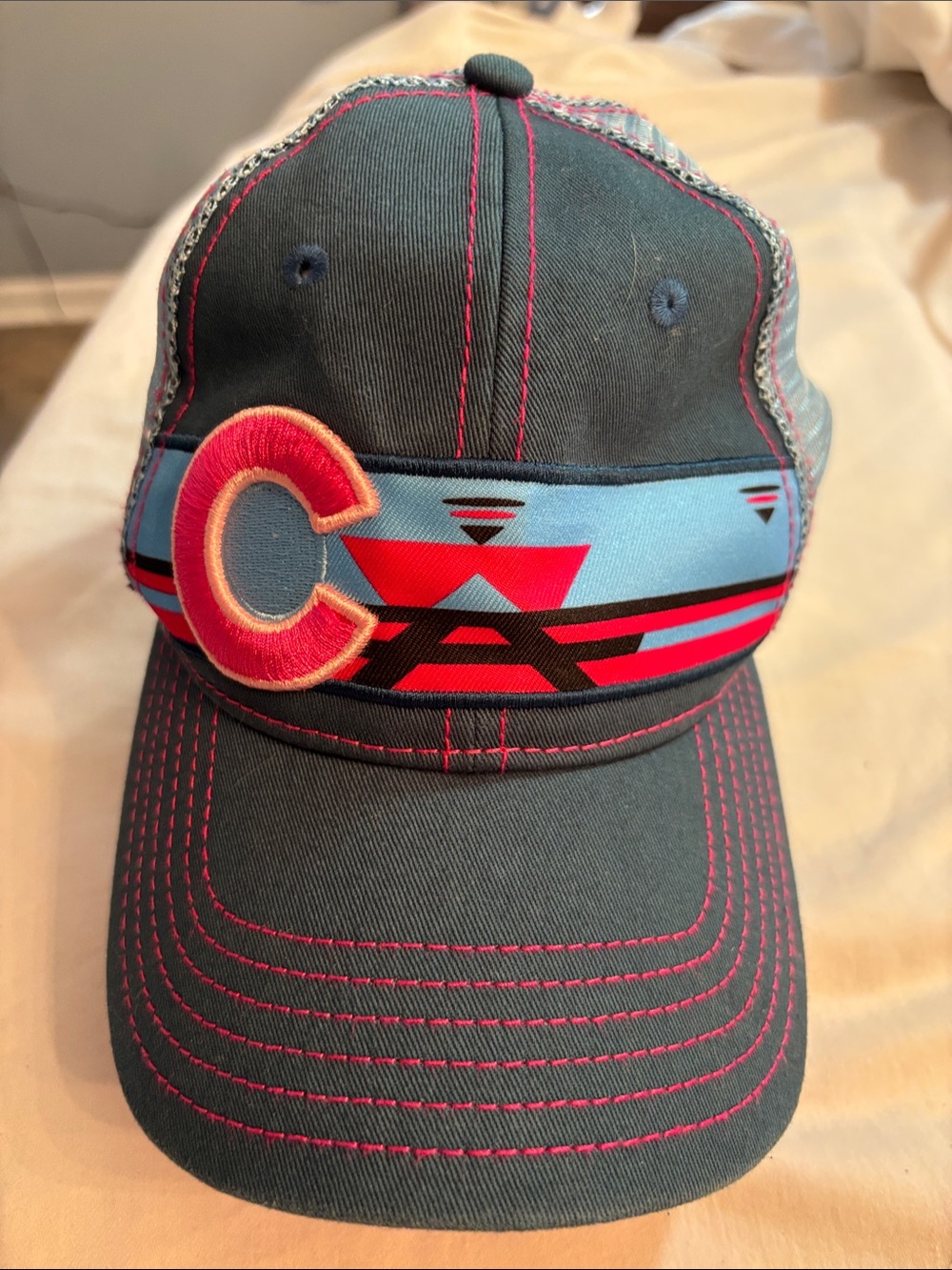 Embroidered 'C' Colorado Trucker Hat in Navy, Pink & Light Blue by Republic